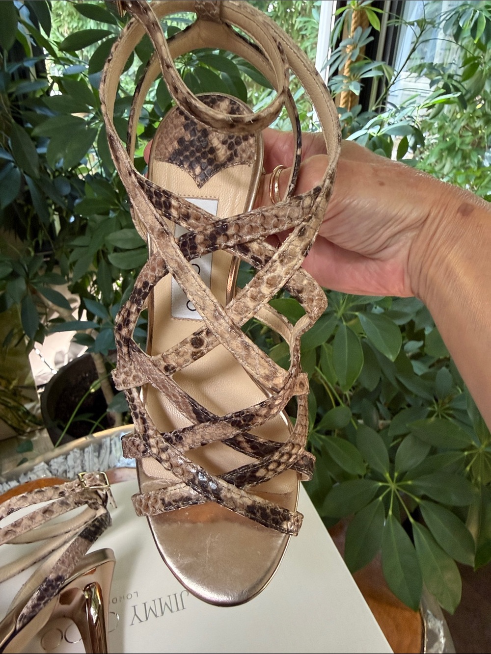 Jimmy Choo Beige and Brown Snake-Print Strappy Heels